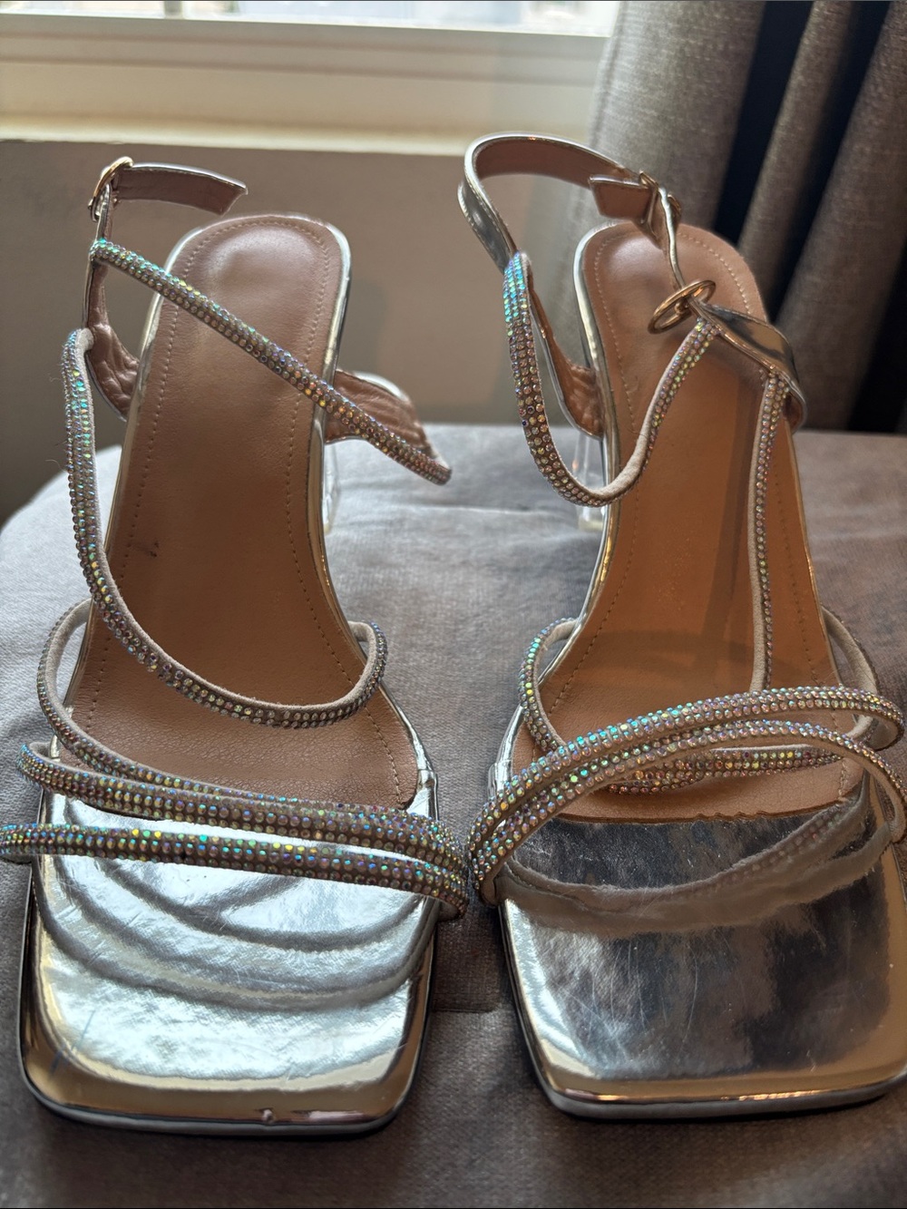 Silver Strappy Rhinestone Heeled Sandals - Women's